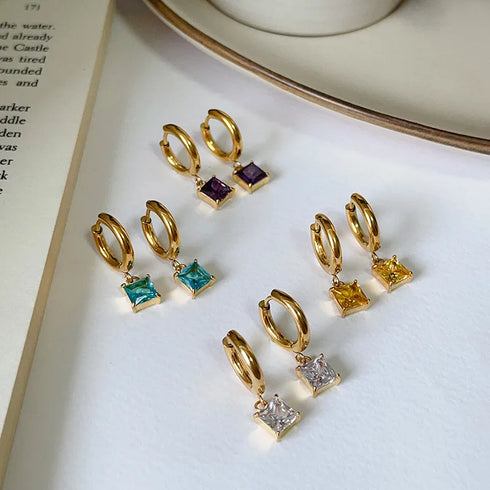 1 pair retro square inlay titanium steel zircon drop earrings