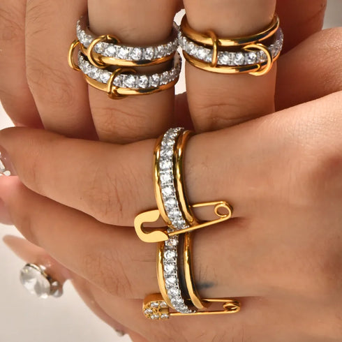 Multi-Layered Diamond Embedded Ring With Golden Circle Buckle Fashionable Style Elegant And Exaggerated Luxury For Women