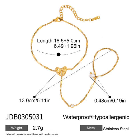 Ladies Butterfly Interlocking Finger Bracelet 18K Gold Stainless Steel High Gloss Pearl Crystals Adjustable Chain