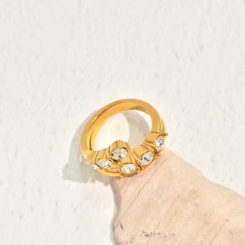 Double Black Zircon French Minimalist Personality Threaded Beveled Edge Pattern Vacuum Electroplated (In Furnace) 18K Real Gold Plated 304 Stainless Steel Ring