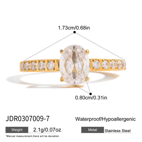 Women's Classic Style 16K Gold Stainless Steel + Zircon Oval White Zircon Diamond Ring Size 6/7/8