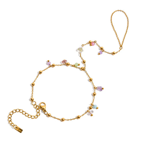 Ladies' Vacation Style 18K Gold Stainless Steel Natural Stone Crystal Colorful Linked Finger Bracelet 16.5+5CM with Auxiliary Chain 13CM