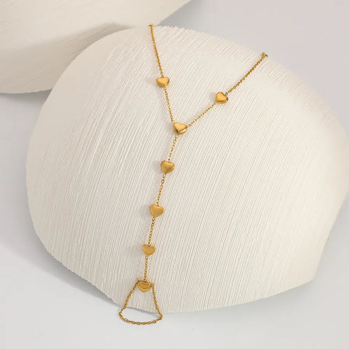 Vintage Style Heart Chain Five-Pointed Star One-Piece Chain Integrated Ring Vacuum Electroplating (In Furnace) 18K Real Gold Plated 304 Stainless Steel Bracelet