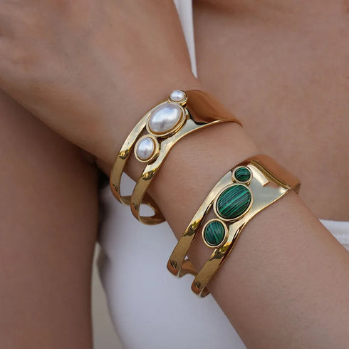 Summer Ladies 18K Gold Plated Stainless Steel Natural Stone Geometric Smooth Surface Bracelet Adjustable Clasp Casual Style