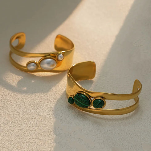 Summer Ladies 18K Gold Plated Stainless Steel Natural Stone Geometric Smooth Surface Bracelet Adjustable Clasp Casual Style