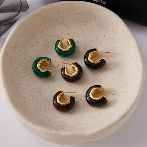 Ladies Vintage Style 18K Gold Stainless Steel Resin C Circle Earrings Brown Black Deep Green Irregular Resin C Circle Ear Jewelry