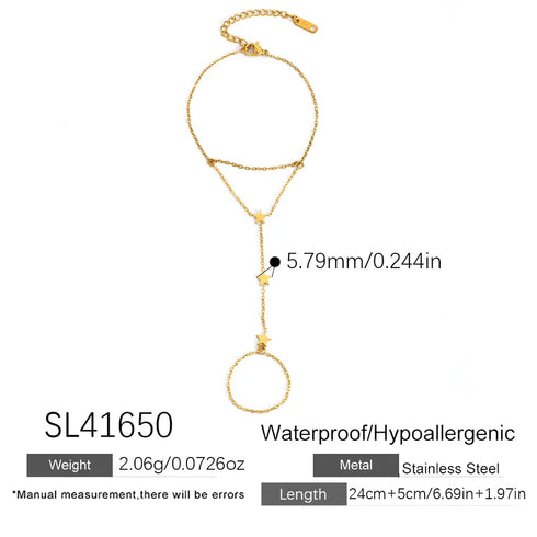 Vintage Style Heart Chain Five-Pointed Star One-Piece Chain Integrated Ring Vacuum Electroplating (In Furnace) 18K Real Gold Plated 304 Stainless Steel Bracelet