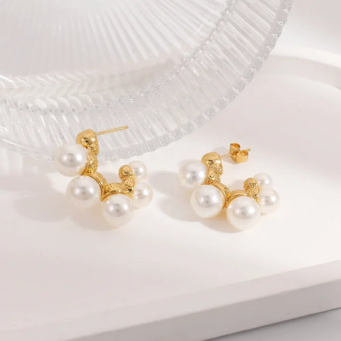 Vintage C-shaped Pearl Earrings Elegant Temperament Water Drop Shape Light Luxury 18K Gold Plated Earrings