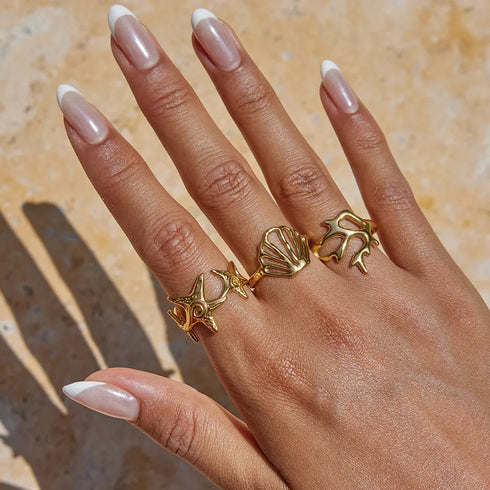 Ladies Adjustable Open Ring 18K Gold Stainless Steel Starfish Coral Hollow Shell Pattern Vacuum Plating Jewelry Accessories