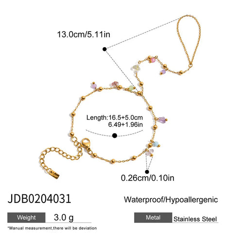 Ladies' Vacation Style 18K Gold Stainless Steel Natural Stone Crystal Colorful Linked Finger Bracelet 16.5+5CM with Auxiliary Chain 13CM