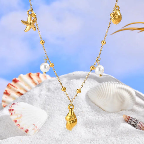 PVD Coated Real Gold Plated 18K Gold Starfish Conch Shell 304 Stainless Steel Casual Vacation Marine Style Waterproof Non Tarnish 304 Stainless Steel Lobster Trigger Clasp Closure Necklace