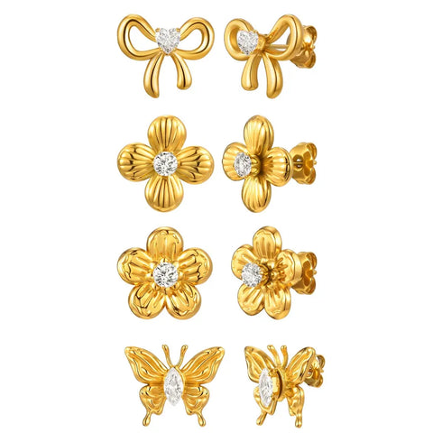 Shiny Zircon Butterfly Knot Flower Stud Earrings Women's Elegant Stainless Steel Jewelry Fashionable Minimalist Style
