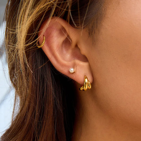 Classic Style Women's 18K Gold Stainless Steel Polished Three-layer Earrings Jewelry Pair With Left And Right Sides