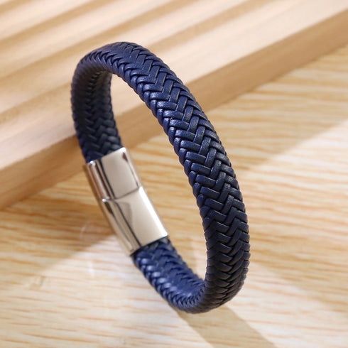 Stainless Steel Leather Braid Men's Bangle