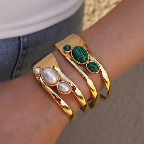 Summer Ladies 18K Gold Plated Stainless Steel Natural Stone Geometric Smooth Surface Bracelet Adjustable Clasp Casual Style