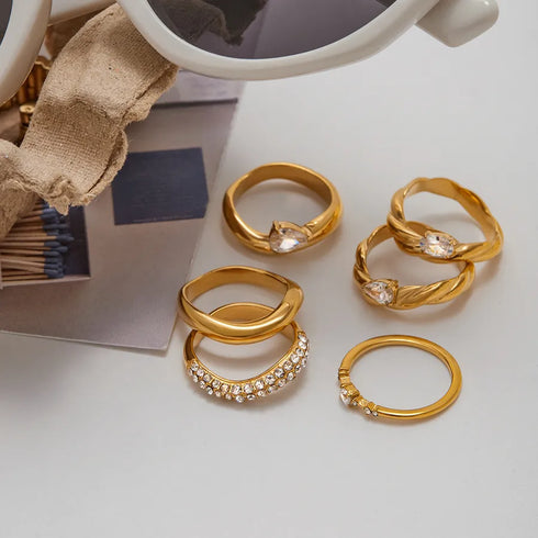 Ladies Classic Style Stainless Steel Ring With Zirconia 18K Gold Plated Oval And Tear Drop Patterned Ring Size 7 For Travel