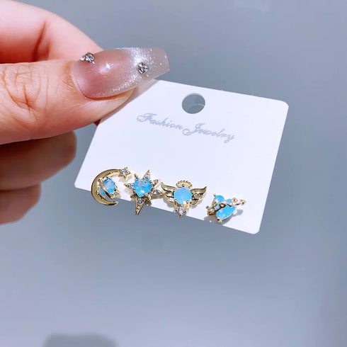 Spring Summer New Dreamy Blue Heart Planet Stud Earrings 4 Piece Set Asymmetric Zircon Design Copper Material Star And Heart Pattern