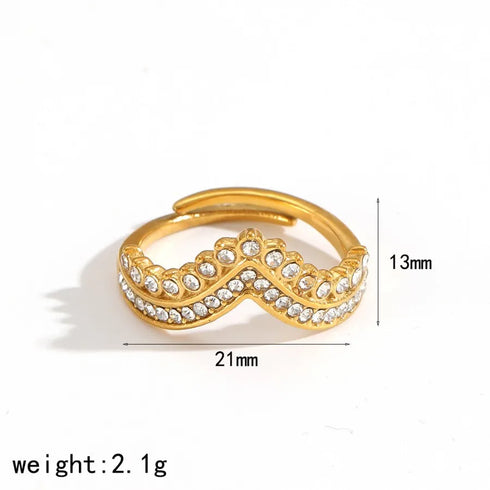 Elegant Stainless Steel Ring With Diamond And Zircon For Women Non-Fading Luxury Style Geometric Pattern Gold Plated Craft