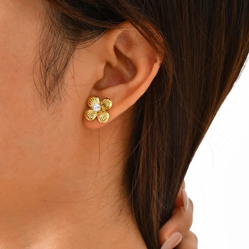 Shiny Zircon Butterfly Knot Flower Stud Earrings Women's Elegant Stainless Steel Jewelry Fashionable Minimalist Style