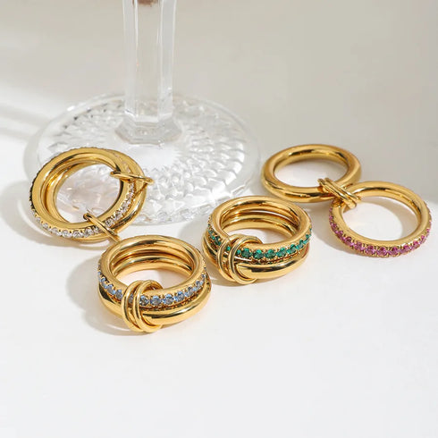 Ladies Sweet Romantic Ring 18K Gold Stainless Steel Double Layer Blue Topaz Double Layer Pink Zircon Double Layer Green Topaz