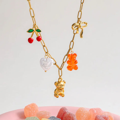 PVD Coated Real Gold Plated Cherry Bear Heart Shape 316 Stainless Steel Acrylic IG Style Casual Cute Waterproof Non Tarnish Earrings Necklace