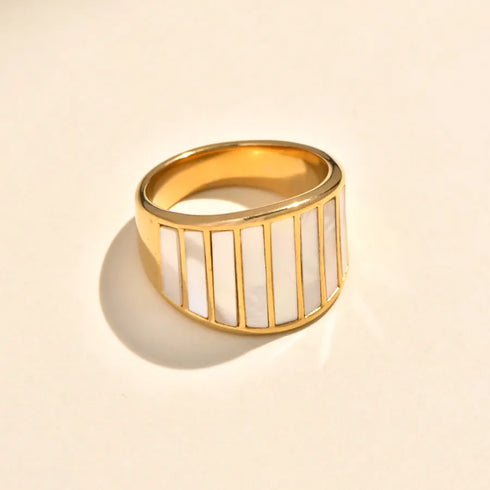 Vintage Bohemian Revolved Shell Titanium Steel Ring With Embedded Zirconia Stone And Magma Design Gold Plated Geometric Pattern