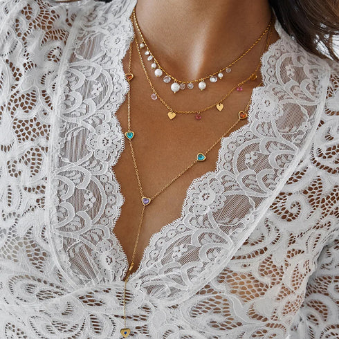 Ladies Classic Style 16K Gold Stainless Steel Zircon Heart Shaped Colorful Zircon Y Chain Necklace 56+5CM