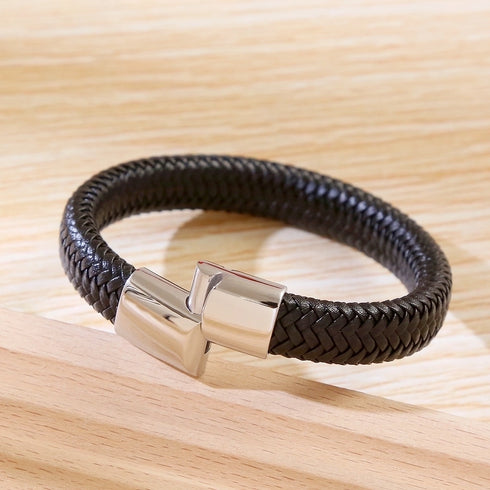 Stainless Steel Leather Braid Men's Bangle