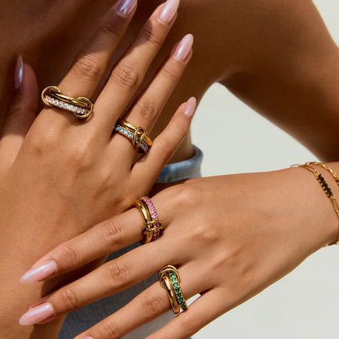 Ladies Sweet Romantic Ring 18K Gold Stainless Steel Double Layer Blue Topaz Double Layer Pink Zircon Double Layer Green Topaz