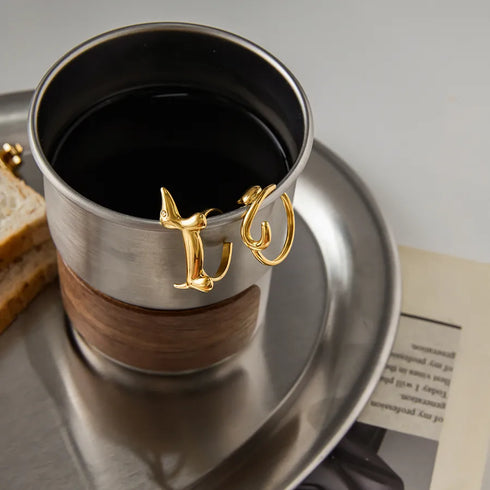 Ladies Adjustable Open Ring Minimalist Style 18K Gold Stainless Steel Geometric Cat And Dog Design With Diamond Lines Sausage Dog