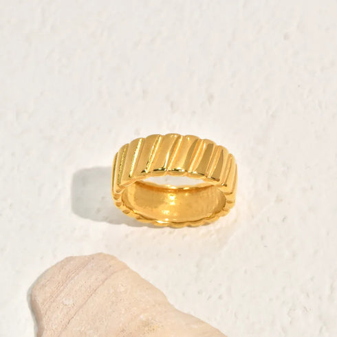 Double Black Zircon French Minimalist Personality Threaded Beveled Edge Pattern Vacuum Electroplated (In Furnace) 18K Real Gold Plated 304 Stainless Steel Ring