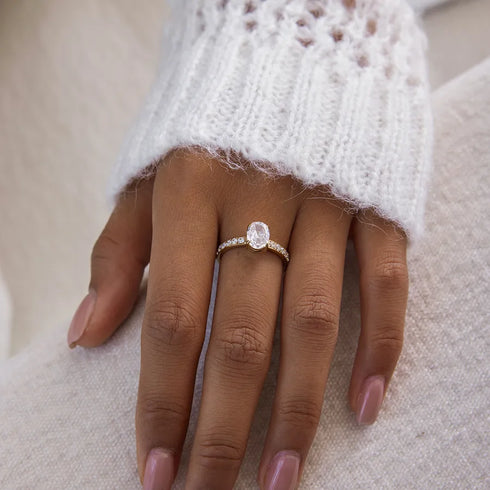 Women's Classic Style 16K Gold Stainless Steel + Zircon Oval White Zircon Diamond Ring Size 6/7/8