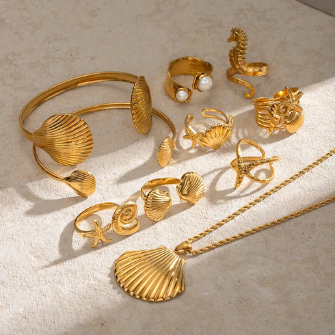 PVD Coated Real Gold Plated 18K Gold Starfish Hippocampus Shell 304 Stainless Steel Vacation Simple Style IG Style Waterproof Non Tarnish Rings Earrings Necklace