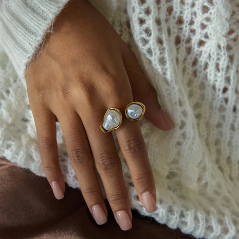Elegant Pearl Resin Open Ring For Ladies 18K Gold Stainless Steel Baroque Asymmetric Design Vacuum Plated Real Gold