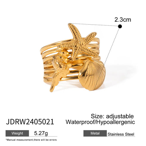 PVD Coated Real Gold Plated 18K Gold Starfish Hippocampus Shell 304 Stainless Steel Vacation Simple Style IG Style Waterproof Non Tarnish Rings Earrings Necklace