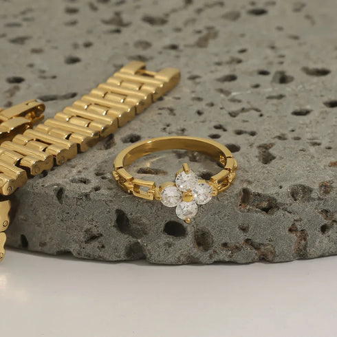 Shiny Stainless Steel Zircon Ring Non-Fading Women's Unique Design Gold Plated Office Party Date Holiday Elegant Vintage Luxury Romantic Classic Style