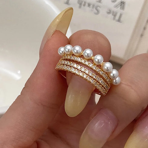 Elegant Pearl Zircon Open Ring Simple Versatile Design Minimalist Luxury Trendy Finger Ring For Women Geometric Pattern