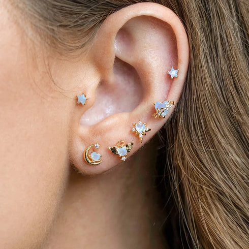 Spring Summer New Dreamy Blue Heart Planet Stud Earrings 4 Piece Set Asymmetric Zircon Design Copper Material Star And Heart Pattern