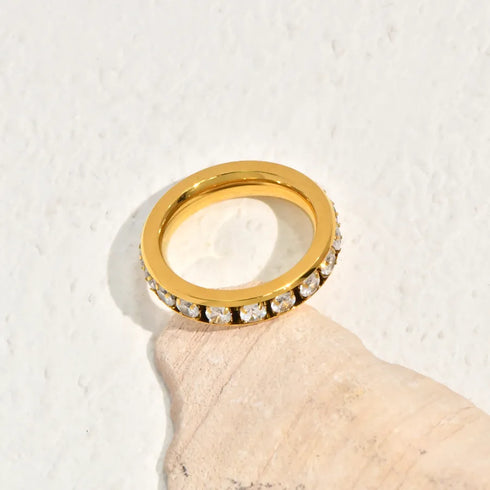 Vacuum Electroplating (In Furnace) Plated 18K Real Gold Inlaid Full Diamond Water Drop Shape Zircon Fashion Personality Love Plain Ring 304 Stainless Steel Ring