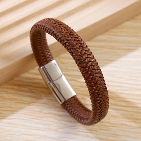 Stainless Steel Leather Braid Men's Bangle