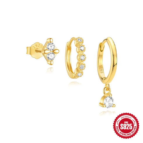 3 Pieces Set 925 Sterling Silver Zircon Geometric Earrings