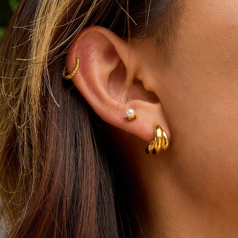 Classic Style Women's 18K Gold Stainless Steel Polished Three-layer Earrings Jewelry Pair With Left And Right Sides