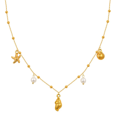 PVD Coated Real Gold Plated 18K Gold Starfish Conch Shell 304 Stainless Steel Casual Vacation Marine Style Waterproof Non Tarnish 304 Stainless Steel Lobster Trigger Clasp Closure Necklace