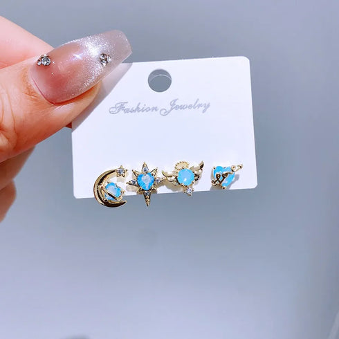 Spring Summer New Dreamy Blue Heart Planet Stud Earrings 4 Piece Set Asymmetric Zircon Design Copper Material Star And Heart Pattern