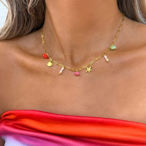 Ion Plating (IP) Real Gold Plated 18K Gold Starfish Shell 304 Stainless Steel Beach Tropical Waterproof Non Tarnish Multi Charms Bracelet Multi Charms Necklace