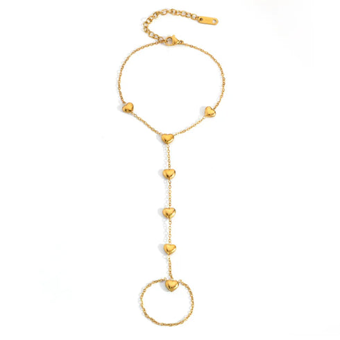 Vintage Style Heart Chain Five-Pointed Star One-Piece Chain Integrated Ring Vacuum Electroplating (In Furnace) 18K Real Gold Plated 304 Stainless Steel Bracelet