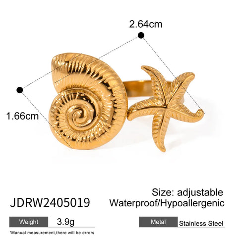 PVD Coated Real Gold Plated 18K Gold Starfish Hippocampus Shell 304 Stainless Steel Vacation Simple Style IG Style Waterproof Non Tarnish Rings Earrings Necklace