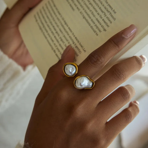 Elegant Pearl Resin Open Ring For Ladies 18K Gold Stainless Steel Baroque Asymmetric Design Vacuum Plated Real Gold