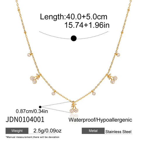 Ladies Classic Style 18K Gold Stainless Steel Necklace With White Diamond Cherry Pendant 40+5cm Fine Chain Jewelry Accessory