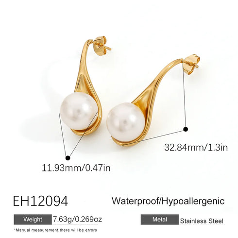 Vintage C-shaped Pearl Earrings Elegant Temperament Water Drop Shape Light Luxury 18K Gold Plated Earrings